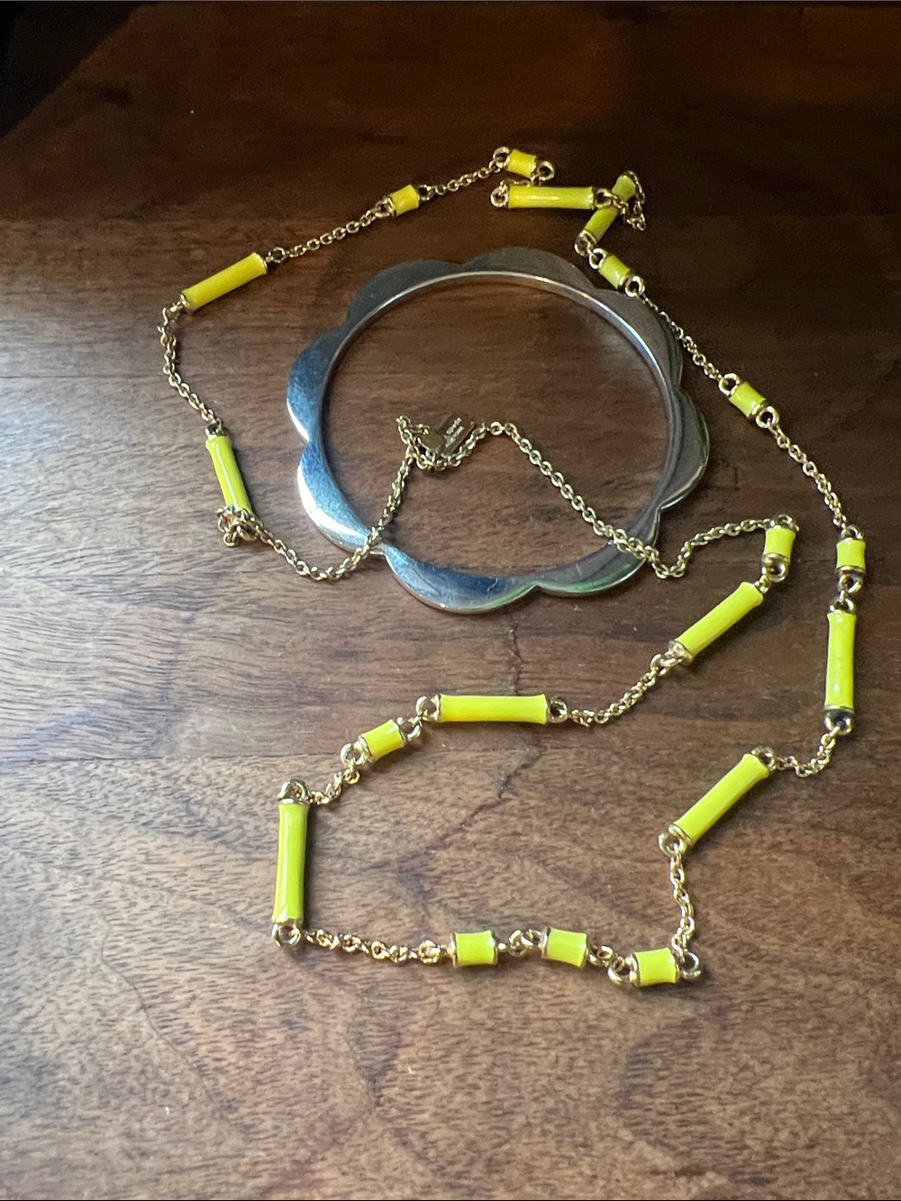 kate spade bundle: gold tone and yellow bead necklace and silver tone bracelet